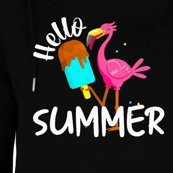 Hello Summer Vacation Ice Cream Popsicle Ice Pink Flamingo Womens Funnel Neck Pullover Hood