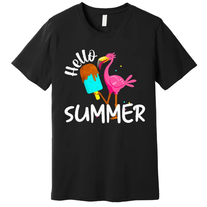 Hello Summer Vacation Ice Cream Popsicle Ice Pink Flamingo Premium T-Shirt