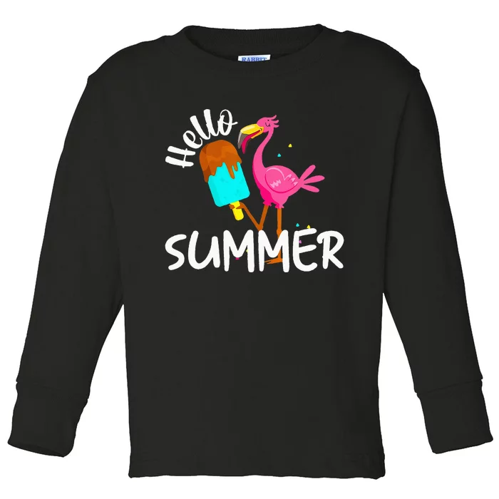 Hello Summer Vacation Ice Cream Popsicle Ice Pink Flamingo Toddler Long Sleeve Shirt