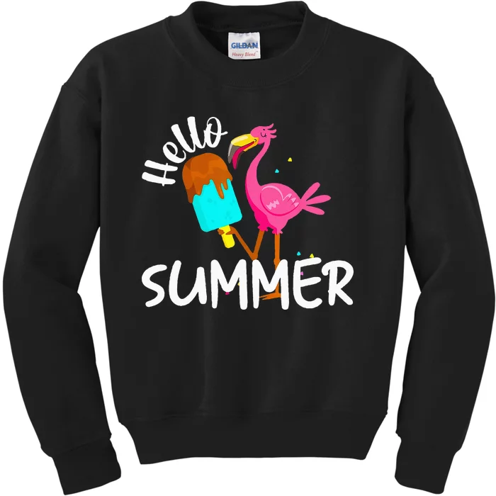 Hello Summer Vacation Ice Cream Popsicle Ice Pink Flamingo Kids Sweatshirt