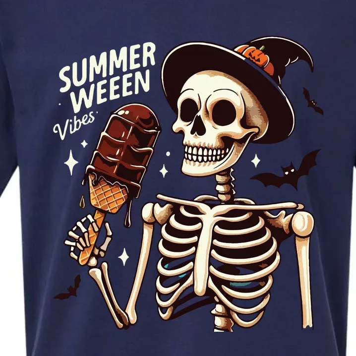 Happy Summerween Vibes Skeleton Ice Cream Summer Halloween Sueded Cloud Jersey T-Shirt