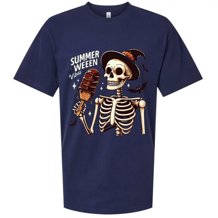 Happy Summerween Vibes Skeleton Ice Cream Summer Halloween Sueded Cloud Jersey T-Shirt