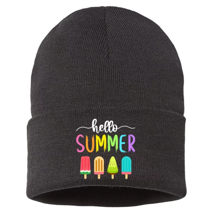 Hello Summer Vacation Ice Cream Popsicle Ice Lolly School Sustainable Knit Beanie