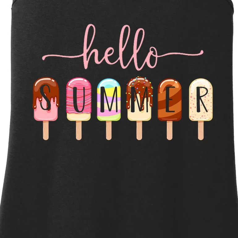 Hello Summer Vacation Ice Cream Popsicle Ice Lolly Ladies Essential Tank