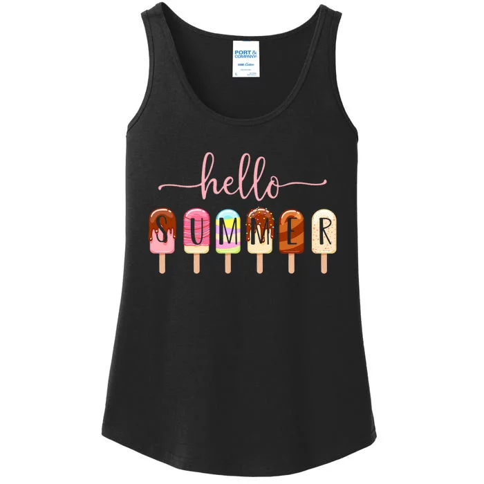 Hello Summer Vacation Ice Cream Popsicle Ice Lolly Ladies Essential Tank