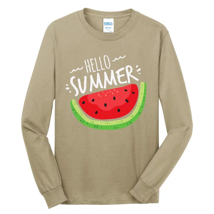 Hello Summer Watermelon Funny Summer Break Vacation Cool Tall Long Sleeve T-Shirt