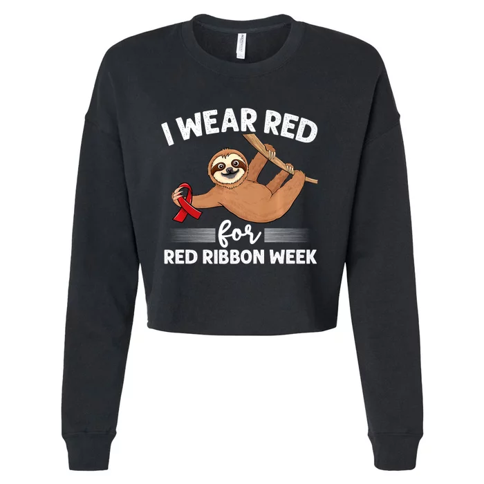 Hanging Sloth We Wear Red For Red Ribbon Week Awareness Cropped Pullover Crew