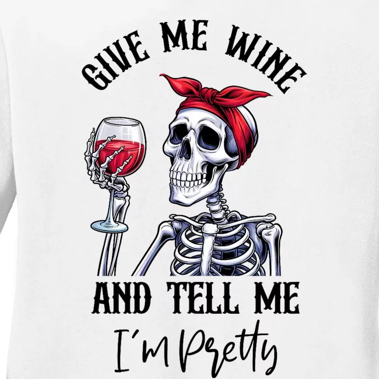 Halloween Skeleton With Red Wine Wine Glass Funny Halloween Ladies Long Sleeve Shirt