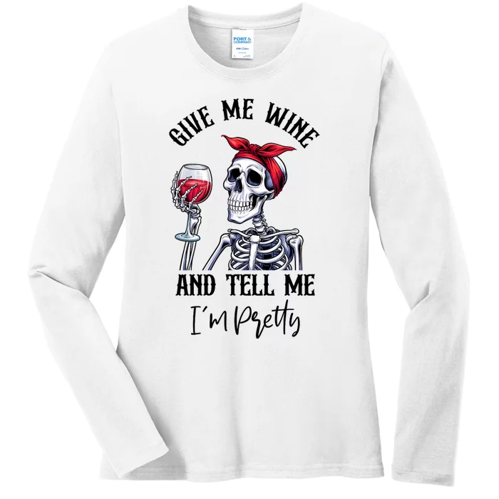 Halloween Skeleton With Red Wine Wine Glass Funny Halloween Ladies Long Sleeve Shirt