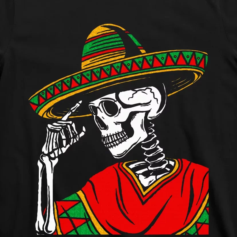 Halloween Skeleton Wearing Mexican Poncho Sombrero T-Shirt