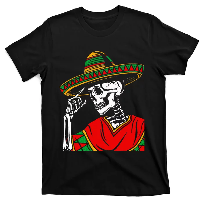 Halloween Skeleton Wearing Mexican Poncho Sombrero T-Shirt