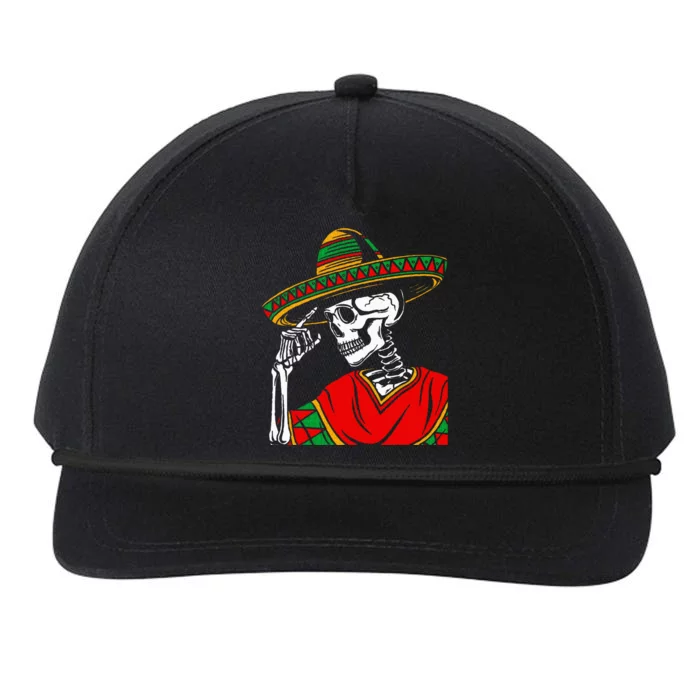 Halloween Skeleton Wearing Mexican Poncho Sombrero Snapback Five-Panel Rope Hat