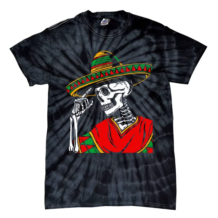 Halloween Skeleton Wearing Mexican Poncho Sombrero Tie-Dye T-Shirt