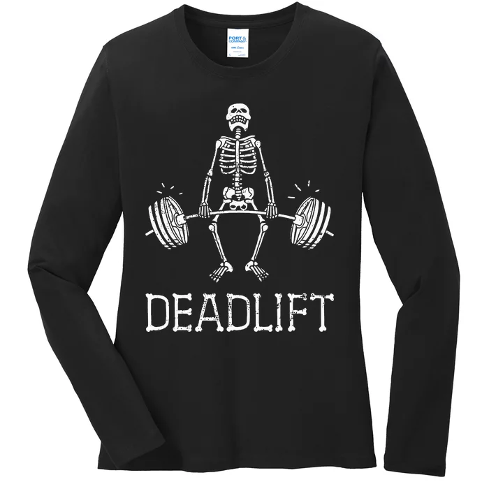 Halloween Skeleton Weight Lifting Workout Ladies Long Sleeve Shirt