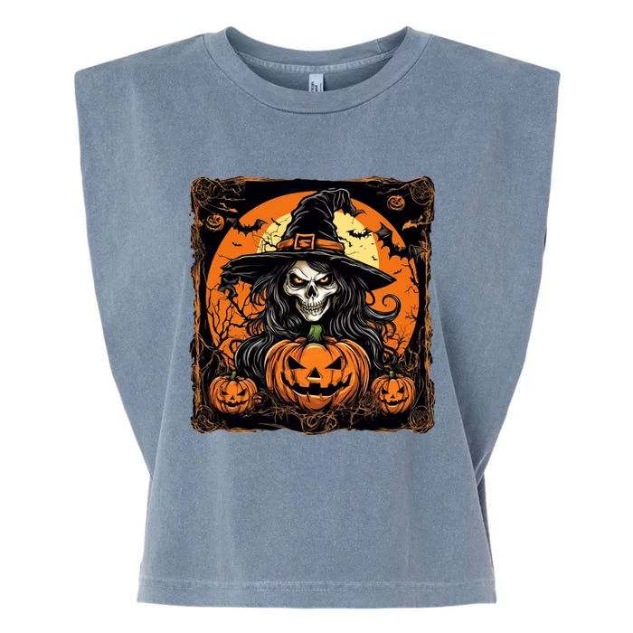 Halloween Scary Witch Skull With Bats And Pumpkins Garment-Dyed Women's Muscle Tee