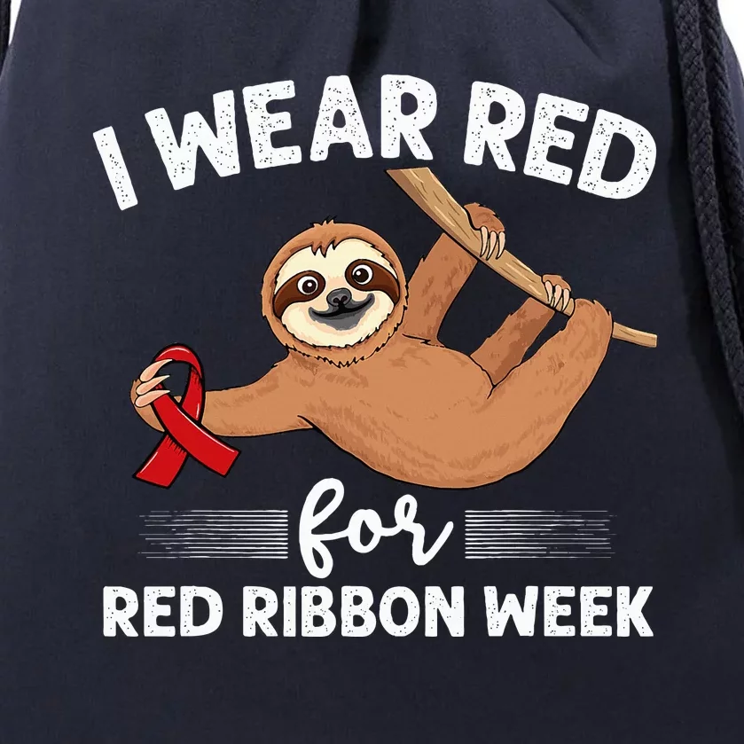 Hanging sloth We Wear Red For Red Ribbon Week Awareness Drawstring Bag