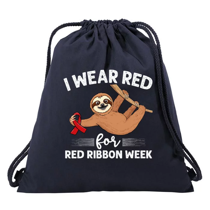 Hanging sloth We Wear Red For Red Ribbon Week Awareness Drawstring Bag