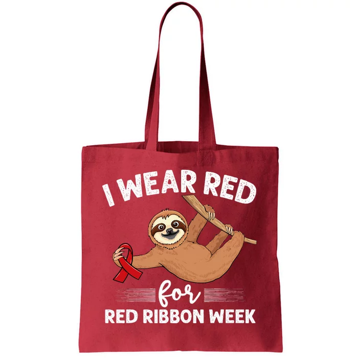 Hanging sloth We Wear Red For Red Ribbon Week Awareness Tote Bag