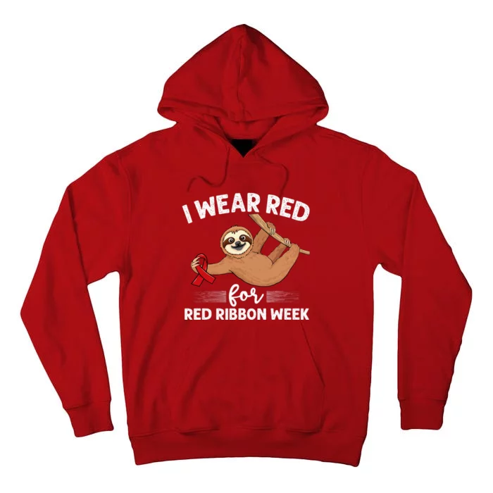 Hanging sloth We Wear Red For Red Ribbon Week Awareness Tall Hoodie