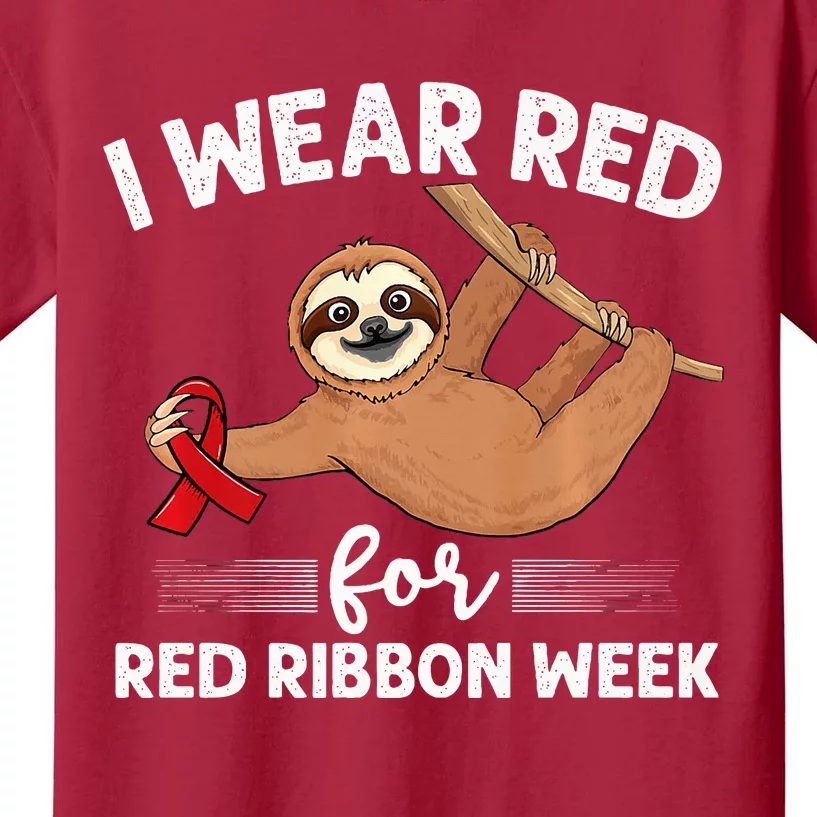 Hanging sloth We Wear Red For Red Ribbon Week Awareness Kids T-Shirt