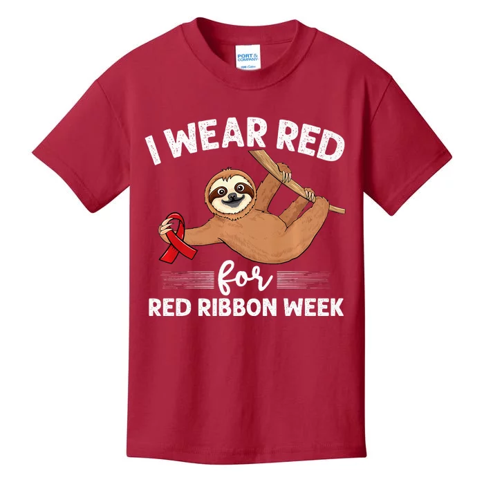 Hanging sloth We Wear Red For Red Ribbon Week Awareness Kids T-Shirt