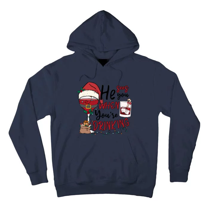 He Sees You When You're Drinking Funny Santa Hat Christmas Lights Tall Hoodie