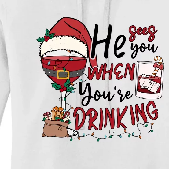 He Sees You When You're Drinking Funny Santa Hat Christmas Lights Women's Pullover Hoodie