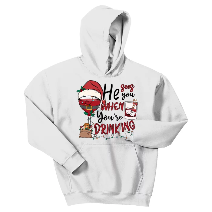 He Sees You When You're Drinking Funny Santa Hat Christmas Lights Kids Hoodie