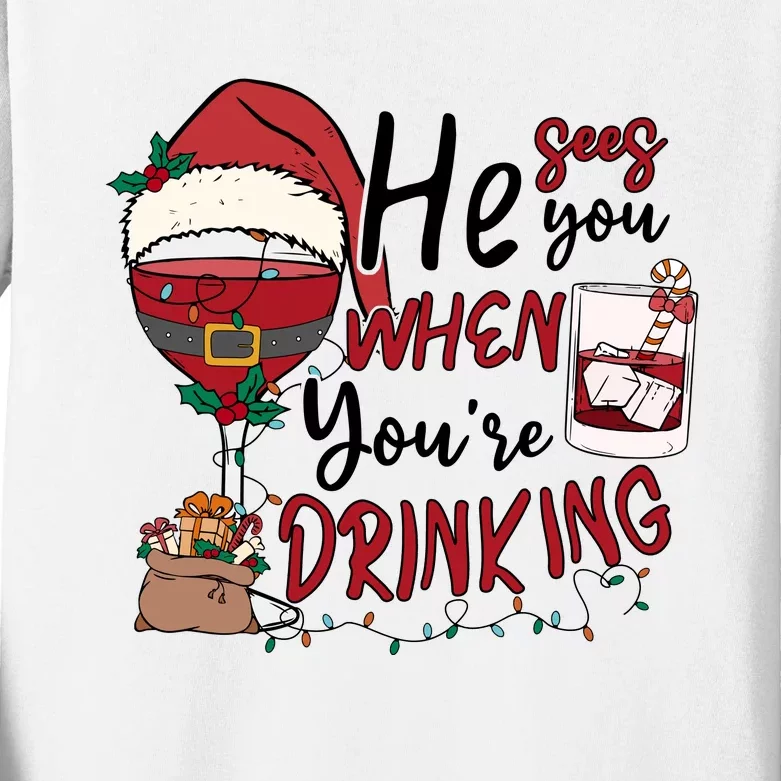 He Sees You When You're Drinking Funny Santa Hat Christmas Lights Kids Long Sleeve Shirt