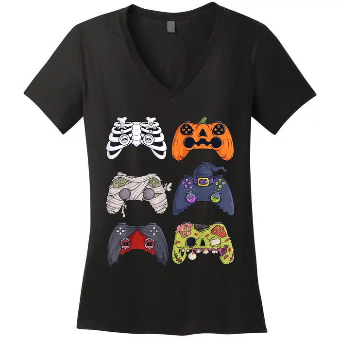 Halloween Skeleton Zombie Gaming Controllers Mummy Women's V-Neck T-Shirt