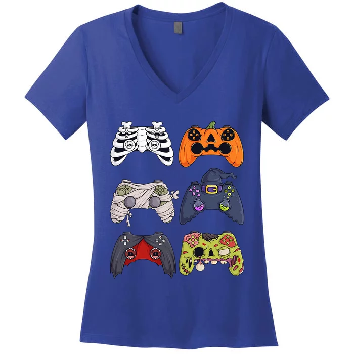 Halloween Skeleton Zombie Gaming Controllers Mummy Women's V-Neck T-Shirt