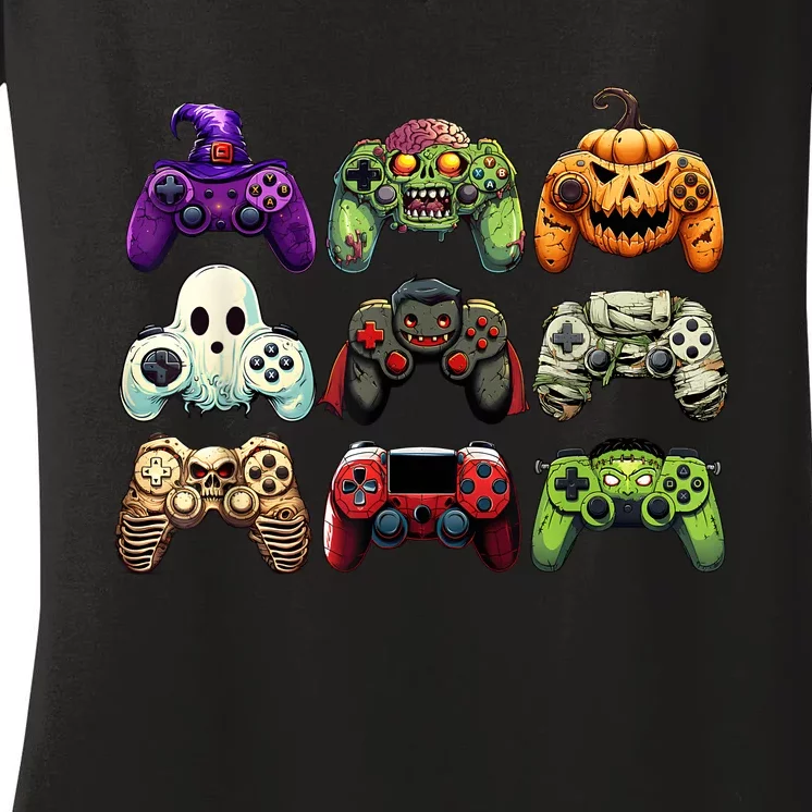 Halloween Skeleton Zombie Gaming Controllers Mummy Boy Kids Women's V-Neck T-Shirt