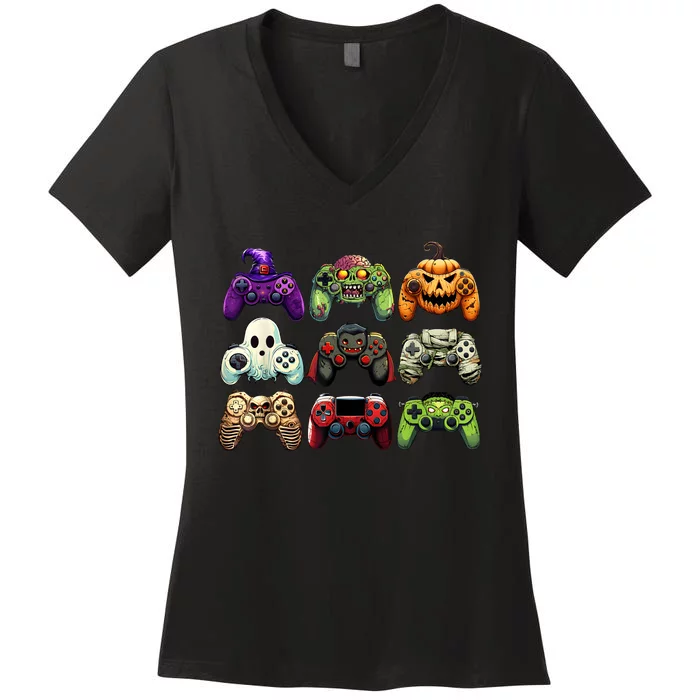 Halloween Skeleton Zombie Gaming Controllers Mummy Boy Kids Women's V-Neck T-Shirt