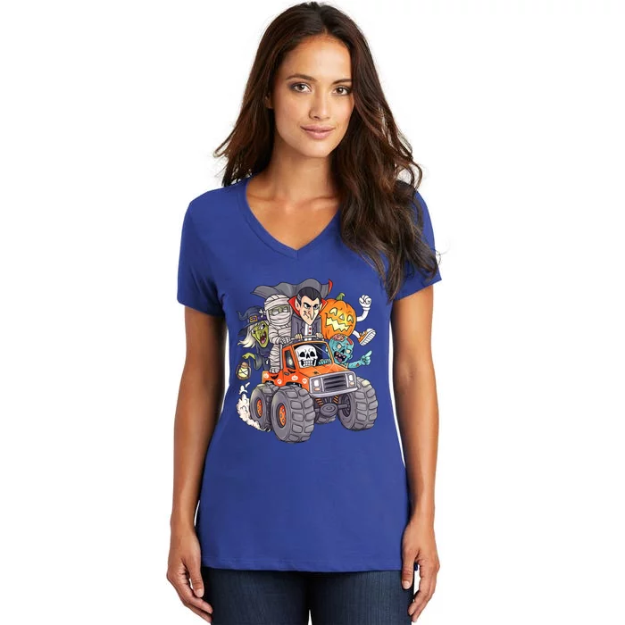 Halloween Skeleton Zombie Monster Truck Vampire Boys Women's V-Neck T-Shirt