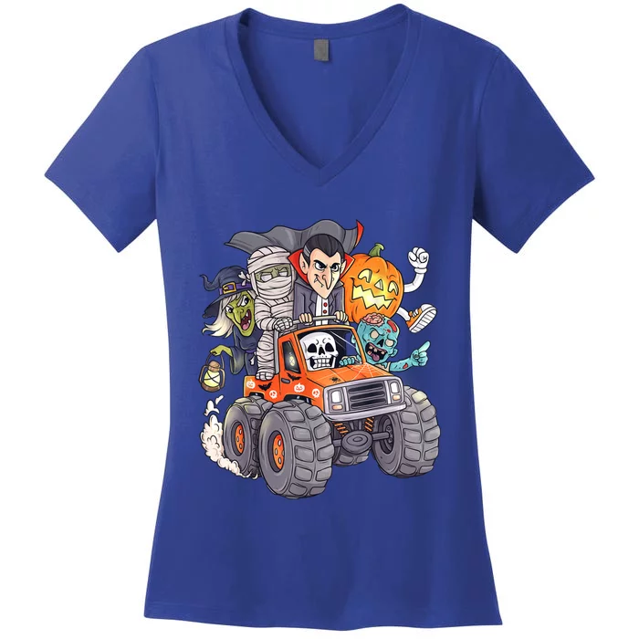 Halloween Skeleton Zombie Monster Truck Vampire Boys Women's V-Neck T-Shirt