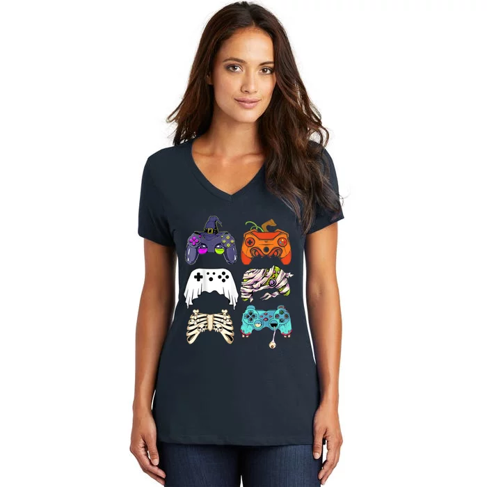 Halloween Skeleton Zombie Gaming Controllers Mummy Women's V-Neck T-Shirt