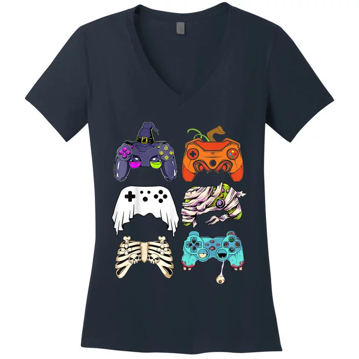 Halloween Skeleton Zombie Gaming Controllers Mummy Women's V-Neck T-Shirt