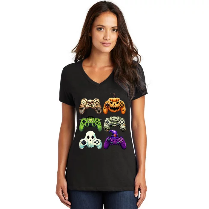 Halloween Skeleton Zombie Gaming Controllers Mummy Women's V-Neck T-Shirt