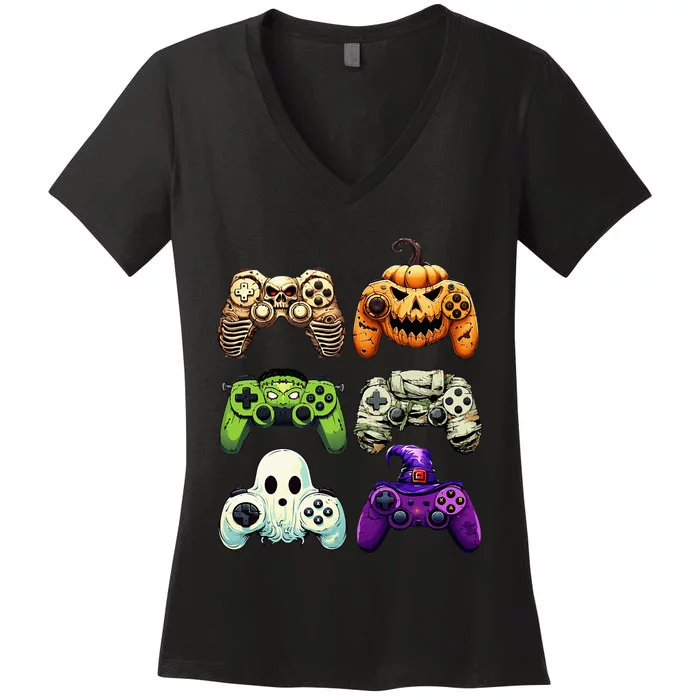 Halloween Skeleton Zombie Gaming Controllers Mummy Women's V-Neck T-Shirt