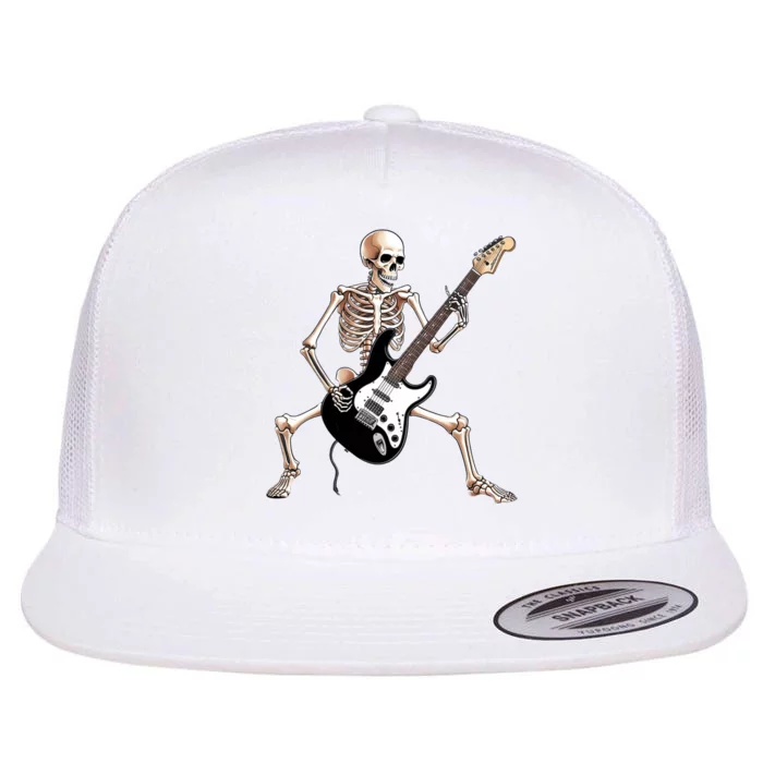 Skeleton Playing Guitar - Rock and Roll Band Graphic Flat Bill Trucker Hat