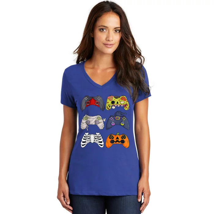 Halloween Skeleton Zombie Gaming Controllers Mummy Women's V-Neck T-Shirt