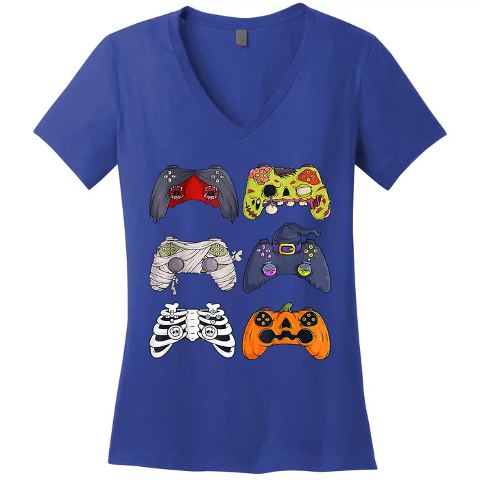 Halloween Skeleton Zombie Gaming Controllers Mummy Women's V-Neck T-Shirt