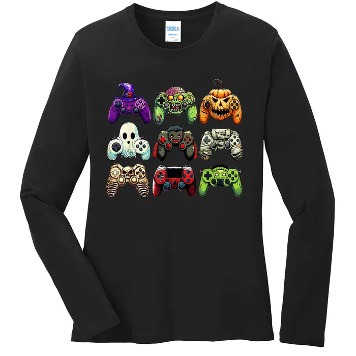 Halloween Skeleton Zombie Gaming Controllers Mummy Ladies Long Sleeve Shirt