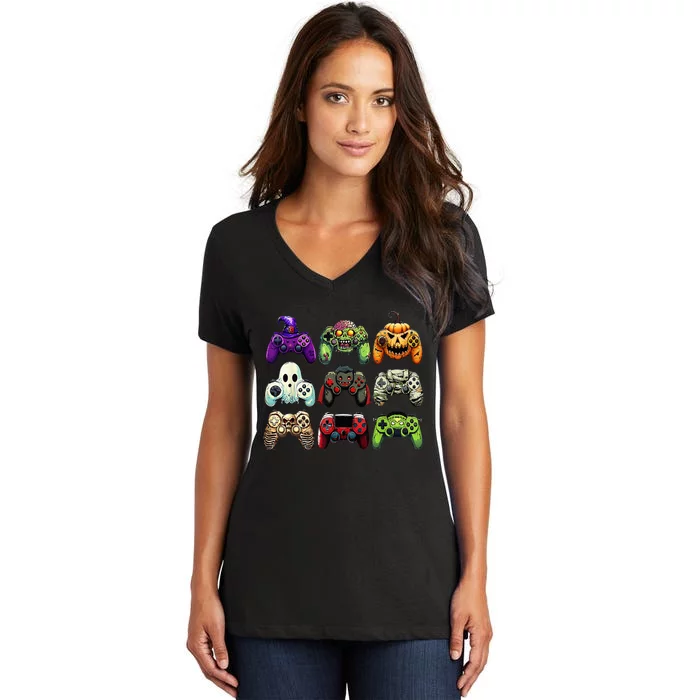 Halloween Skeleton Zombie Gaming Controllers Mummy Women's V-Neck T-Shirt