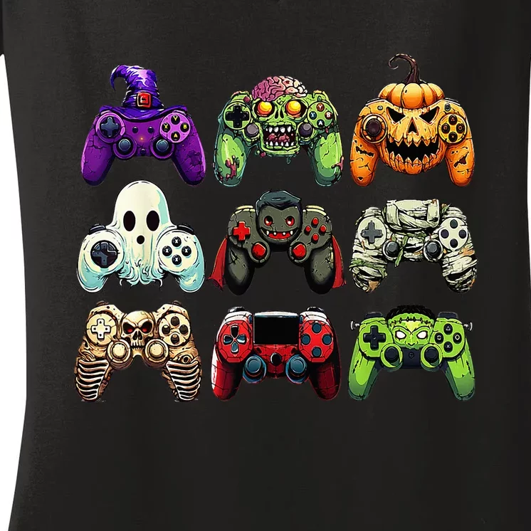 Halloween Skeleton Zombie Gaming Controllers Mummy Women's V-Neck T-Shirt