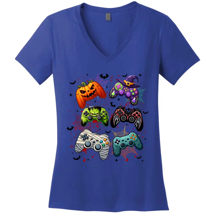 Halloween Skeleton Zombie Gaming Controllers Mummy Funny Gift Women's V-Neck T-Shirt