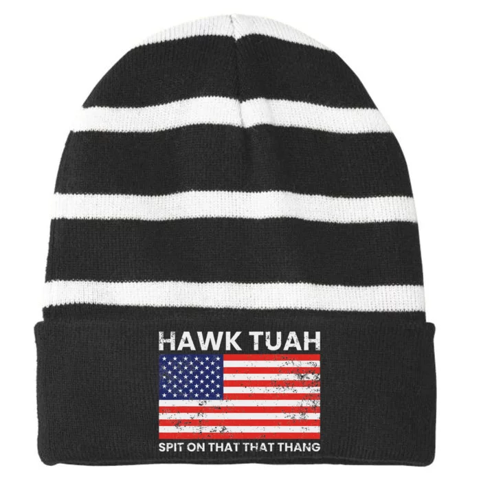 Hawk Tuah 24 Spit On That Thang Usa Flag Striped Beanie with Solid Band