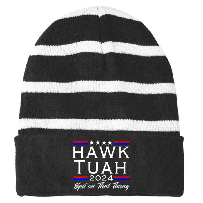 Hawk Tuah 24 Spit On That Thang White Design In Dark Apparel Striped Beanie with Solid Band