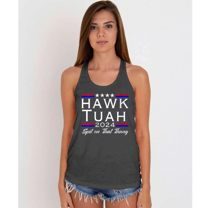 Hawk Tuah 24 Spit On That Thang White Design In Dark Apparel Women's Knotted Racerback Tank