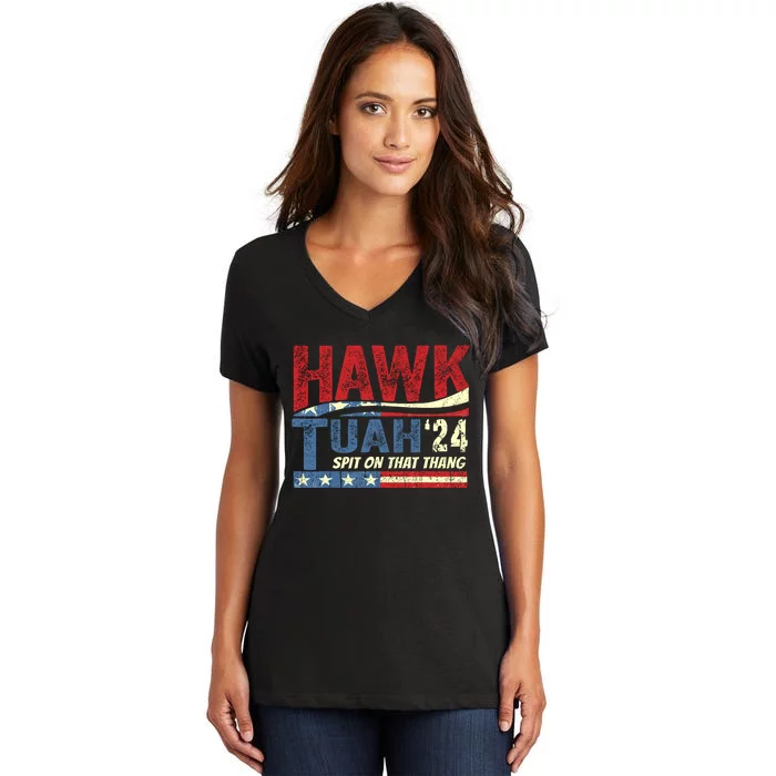 Hawk Tuah 24 Spit On That Thang Funny Saying Women's V-Neck T-Shirt